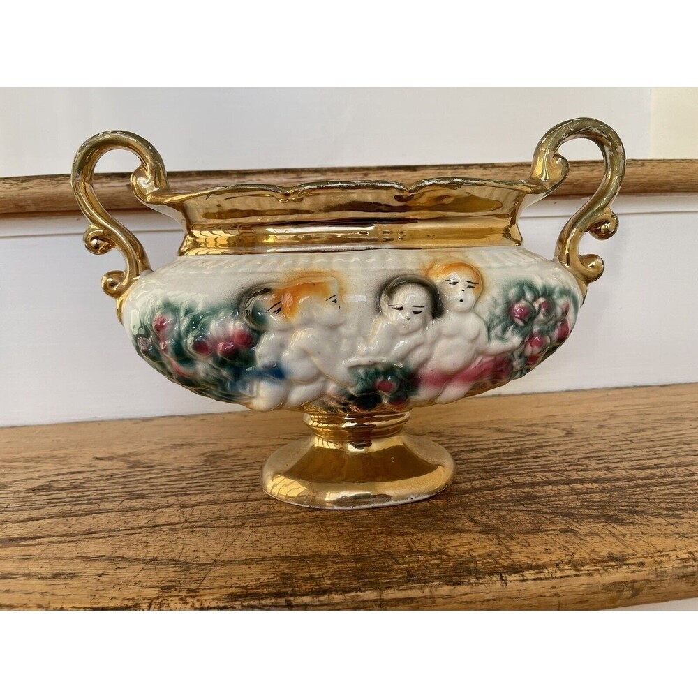 Vintage Italian Porcelain Cherub Centerpiece Bowl Capodimonte Style Double Hand